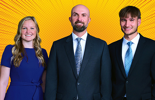 The team of Nashville personal injury attorneys from Woodard Injury Law. From left to right, Joselyne Bobos, the founder Aaron Woodard, and Evan Watkins.